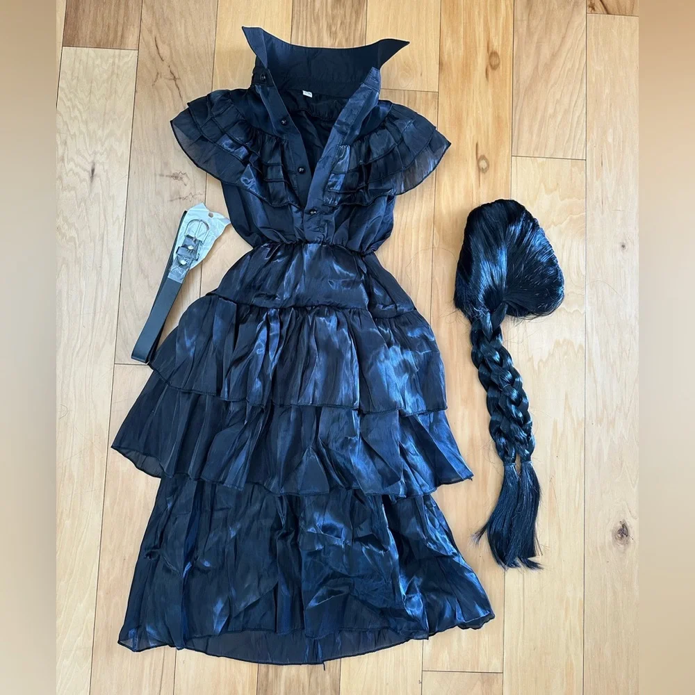 NEW Girls Black Ruffled Dress/ Halloween Costume with Wig & Belt NWT